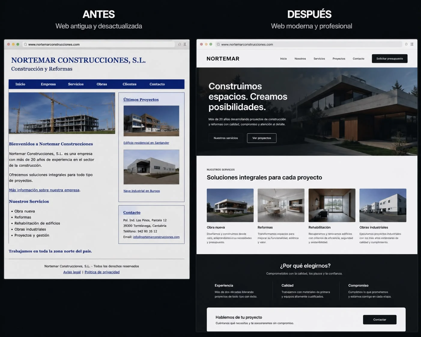 Comparativa antes y después del rediseño de una web de construcción: a la izquierda una web antigua y desactualizada, a la derecha una web moderna y profesional.