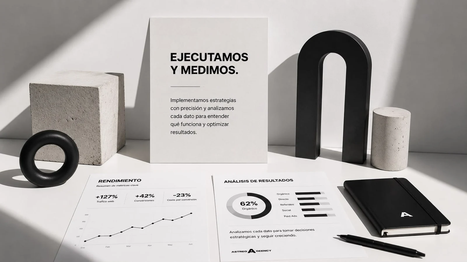 Ejecutamos y medimos: implementamos estrategias con precisión y analizamos cada dato con informes de rendimiento y análisis de resultados de Astreo Agency.