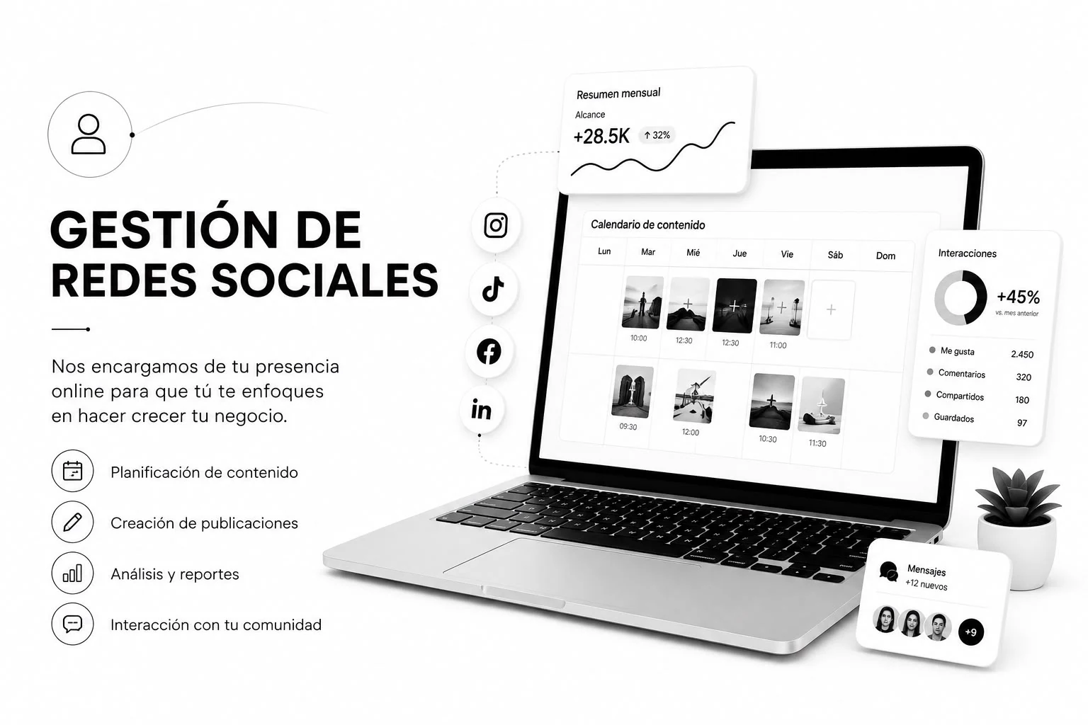 Gestión de redes sociales en Instagram, Facebook, TikTok y LinkedIn: planificación de contenido, creación de publicaciones, análisis y reportes, interacción con tu comunidad.