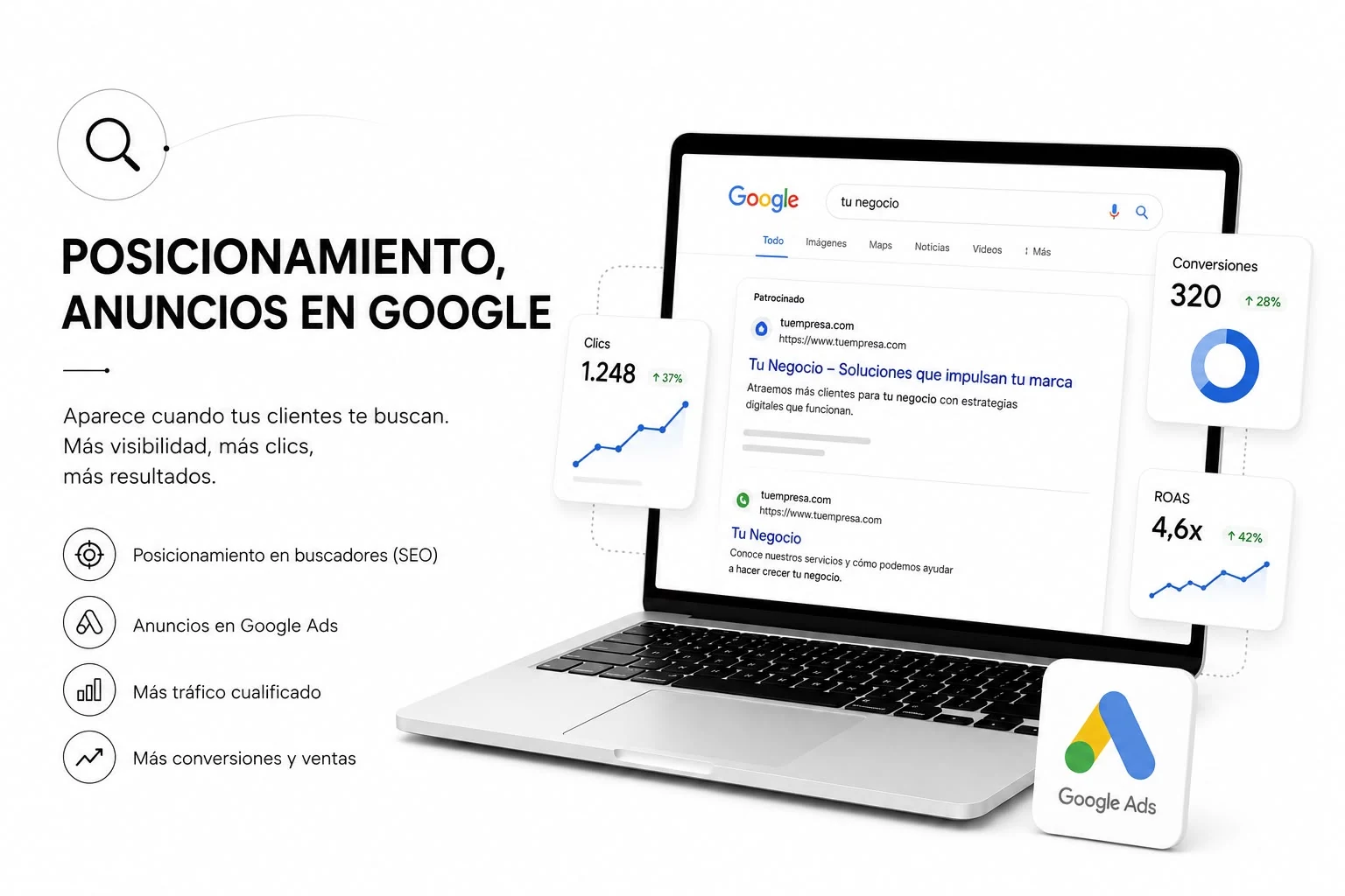 Posicionamiento y anuncios en Google: posicionamiento en buscadores (SEO), anuncios en Google Ads, más tráfico cualificado, más conversiones y ventas.