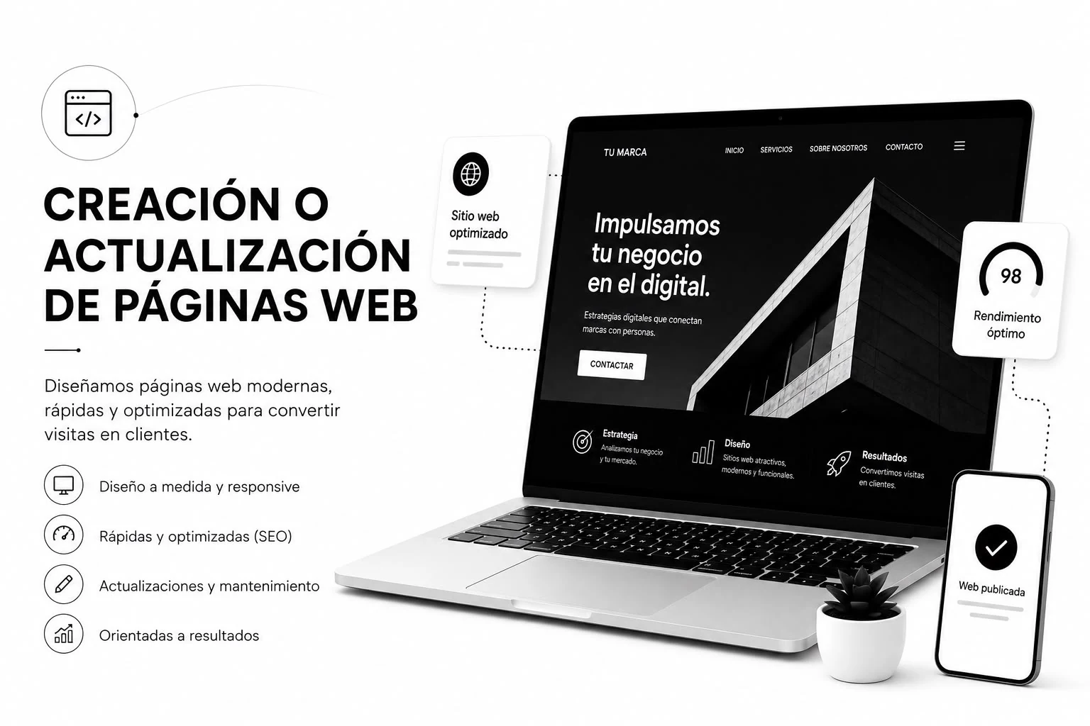 Creación o actualización de páginas web: diseño a medida y responsive, rápidas y optimizadas para SEO, actualizaciones y mantenimiento, orientadas a resultados.